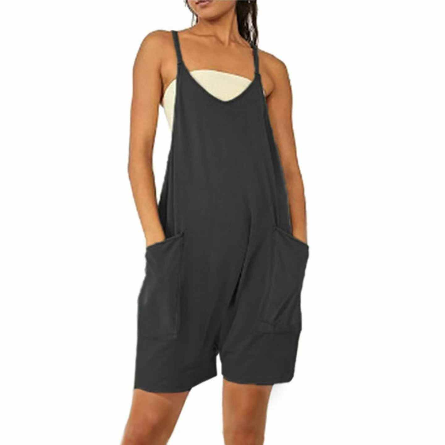 1 (8) Sleeveless Overalls Jumpsuit Casual Solid Summer Wide Leg Bib Pants Romper with Pockets - Image 1