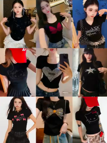 Women’s Rhinestone Shoulder Short-Sleeve T-Shirt Women’s Rhinestone Shoulder Short-Sleeve T-Shirt