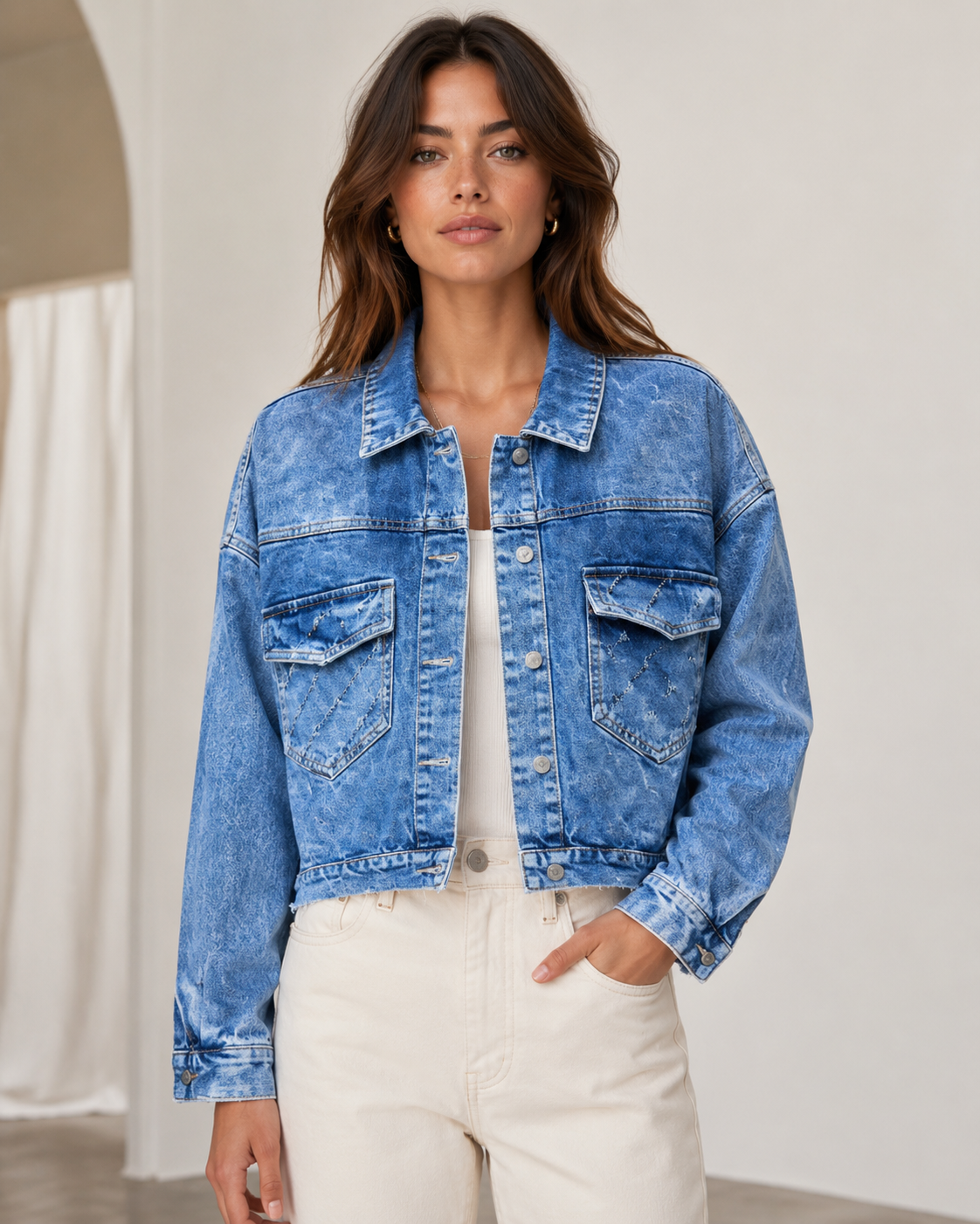 Women’s Distressed Embroidered Denim Jacket Women’s Distressed Embroidered Denim Jacket