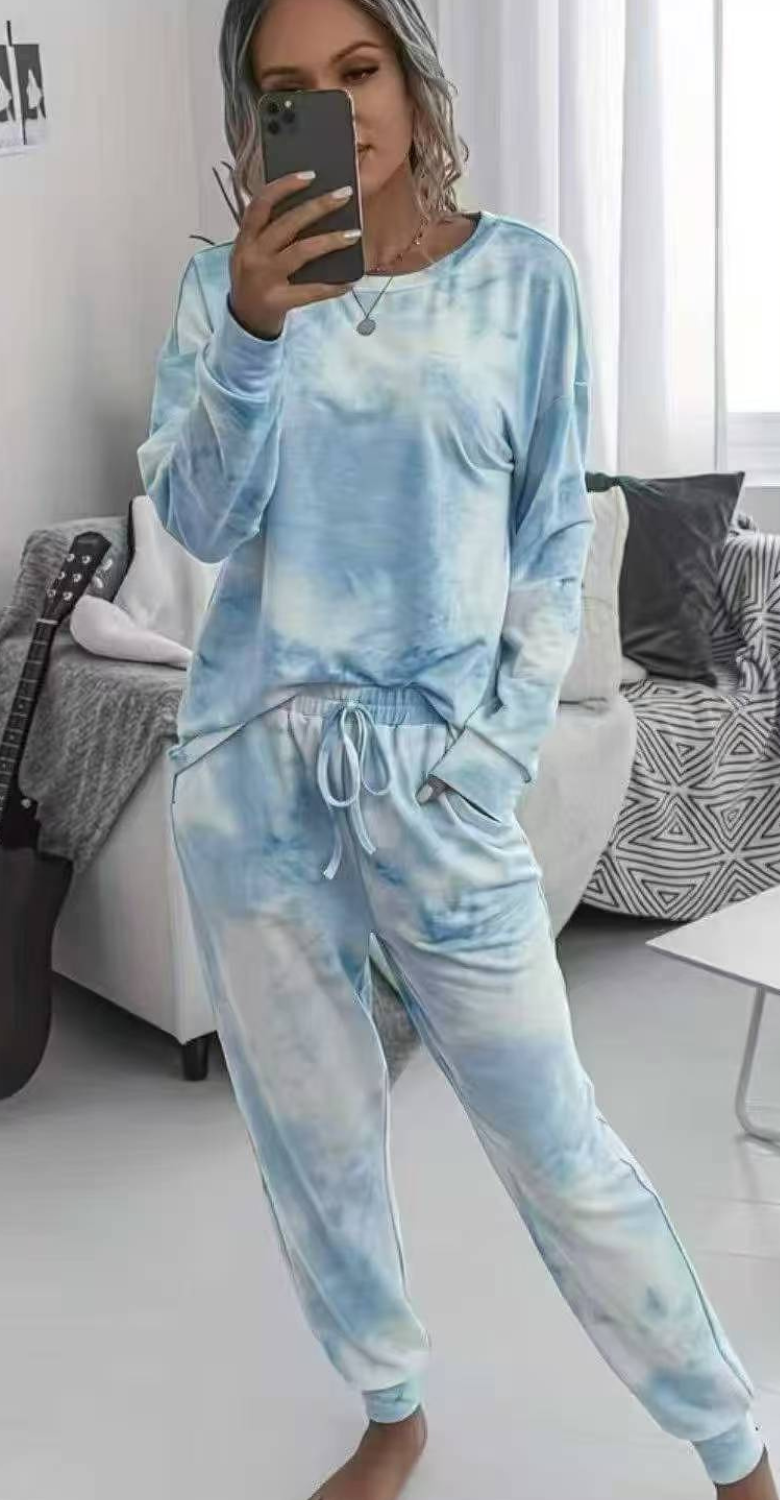 Women’s Tie-Dye Two-Piece Outfit – Casual V-Neck Top and Pencil Pants Comfortable Homewear Set
