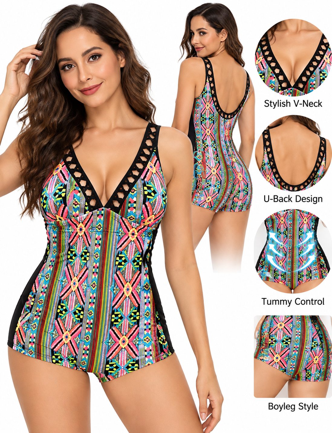 Riseado Tummy Control One Piece Swimsuit for Women Boyleg Athletic Swimwear U Back Slimming Bathing Suits